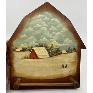 Vtg Red Barn Art Wall Holder Hand‎ Painted Winter Country Signed T Hoeft
